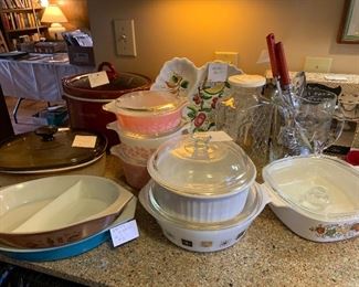 vintage crock pot, pink Pyrex  (like Ms. Maisel's) ,Corning Italian majolica serving dish, cookie cutters more