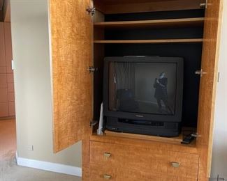 Lane Maple Burl Wood Chest with brass Art Deco style pulls. Measures 80" H x 42" W x 21" D. Photo 5 of 5.