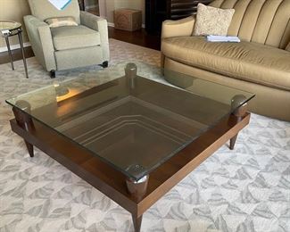 Modern Art Deco style Cocktail table with glass top. Measures 48" x 48" x 18" H. Photo 2 of 3.