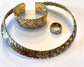 Sterling silver and gold chocker, ring, bracelet and earring set. Photo 1 of 2.