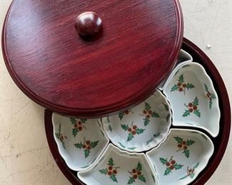 Covered canapé server with holly motif.