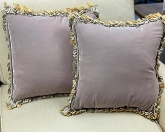 Pair of lavender velvet down-filled pillows with fringe trim. Photo 1 of 2.