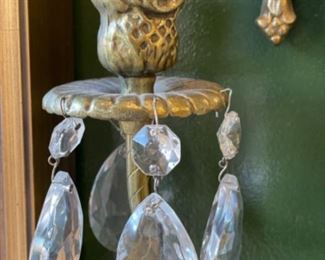 Pair of gilt candelabras with crystal adornments. Measures 22” W x 12” D. Photo 2 of 2.