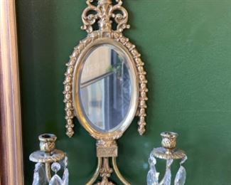 Pair of gilt candelabras with crystal adornments. Measures 22” W x 12” D. Photo 1 of 2.