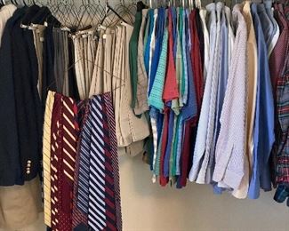 Men’s clothing in wonderful condition  to include name brand golf shirts:Greg Norman, Lands End, LL Bean, etc., Lands End long sleeved oxfords, khaki pants in perfect condition.  Women’s clothing also.