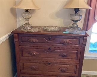 Lovely five drawer chest.  Oil lamps converted to electric.