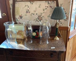 Wash stand with drawers and towel rack, hurricanes, lamp