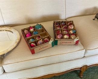 Two boxes of vintage Christmas ornaments.