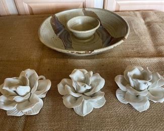 Vintage pottery chip and dip set and three large hand made porcelain candle holders
