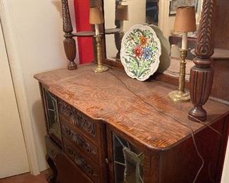 Antique quarter sewn oak buffet sideboard with lead glass doors and beveled glass mirror 
