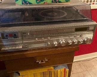 Vintage turntable stereo cassette system with speakers - works! Vintage night stand. Nat Geo magazines
