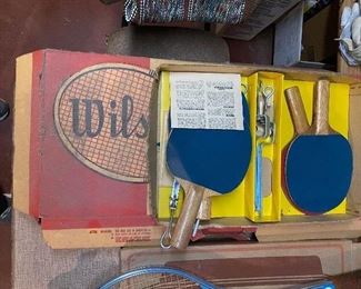 Vintage Wilson tennis racket, ping pong set