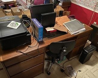 Desk, office chair, computer, printer