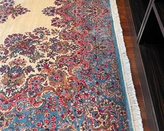 Antique silk Kerman rug. Measures 9" 7 x 13' 10". Photo 3 of 4.