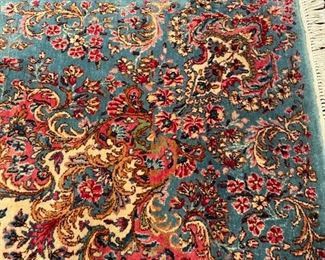 Antique silk Kerman rug. Measures 9" 7 x 13' 10". Photo 4 of 4.