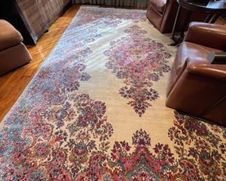 Antique silk Kerman rug. Measures 9" 7 x 13' 10". Photo 1 of 4.