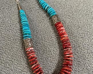 Turquoise, red turquoise and sterling silver necklace.