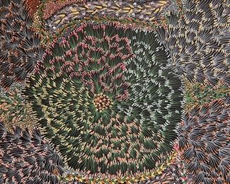 "Bush Banana Dreaming." Original Aboriginal painting by Eunice Napangardi. Painting shows the flowering blossoms of the bush banana plant before fruiting. Measures 71" W x 47" H. Photo 2 of 4.