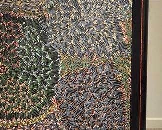 "Bush Banana Dreaming." Original Aboriginal painting by Eunice Napangardi. Painting shows the flowering blossoms of the bush banana plant before fruiting. Measures 71" W x 47" H. Photo 3 of 4.