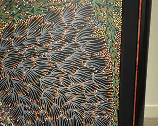 "Bush Banana Dreaming." Original Aboriginal painting by Eunice Napangardi. Painting shows the flowering blossoms of the bush banana plant before fruiting. Measures 71" W x 47" H. Photo 4 of 4.
