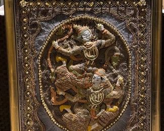 Framed Tibetan Silk embellished with pearls & beading. Measures 24" W x 34" H. Photo 1 of 3.