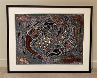 Original "Ganhaarr the Crocodile" by Aborigine artist Yirrmbee (Billawara). Art measures 37" W x 29" H. Photo 1 of 2.