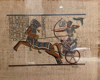Framed Egyptian silkscreen on parchment. Photo 1 of 3. Measures 24" W x 20" H. Photo 2 of 3.