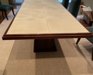 Art Deco-Style American walnut pedestal dining table with 10 vellum panels and oil-rubbed bronze trim custom-designed by Suzanne Lovell Inc. Vellum is sealed with a clear lacquer coat. Measures 4' W x 10' L. Photo 1 of 5.