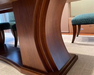 Art Deco-Style American walnut pedestal dining table with 10 vellum panels and oil-rubbed bronze trim custom-designed by Suzanne Lovell Inc. Vellum is sealed with a clear lacquer coat. Measures 4' W x 10' L. Photo 4 of 5.