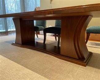 Art Deco-Style American walnut pedestal dining table with 10 vellum panels and oil-rubbed bronze trim custom-designed by Suzanne Lovell Inc. Vellum is sealed with a clear lacquer coat. Measures 4' W x 10' L. Photo 3 of 5.
