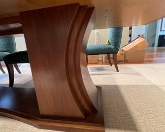 Art Deco-Style American walnut pedestal dining table with 10 vellum panels and oil-rubbed bronze trim custom-designed by Suzanne Lovell Inc. Vellum is sealed with a clear lacquer coat. Measures 4' W x 10' L. Photo 5 of 5.