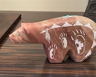Leo Yazzie "Bear with Blue Stones." Signed by artist. Measures 6" L x 4" H. Photo 1 of 2.