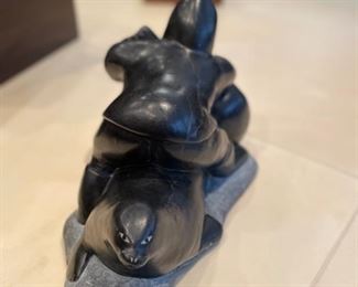 Canadian Eskimo soapstone sculpture by Joshua Sheep. Measures 9.5" W x 7" H. Photo 3 of 3.