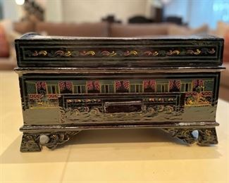 Burmese black lacquer box. Measures 12" x 8" x 7" H. Photo 1 of 2.
