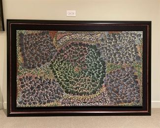 "Bush Banana Dreaming." Original Aboriginal painting by Eunice Napangardi. Painting shows the flowering blossoms of the bush banana plant before fruiting. Measures 71" W x 47" H. Photo 1 of 4.