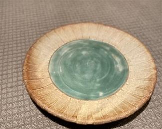 Glazed ceramic lidded jar with under plate. Signed by artist. Photo 3 of 4.