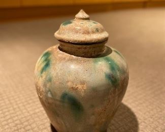 Glazed ceramic lidded jar with under plate. Signed by artist. Photo 2 of 4.