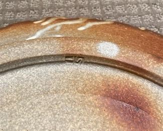 Glazed ceramic lidded jar with under plate. Signed by artist. Photo 4 of 4.