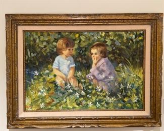 Vintage oil painting of two young girls. Signed by Ramon. Photo 1 of 2.