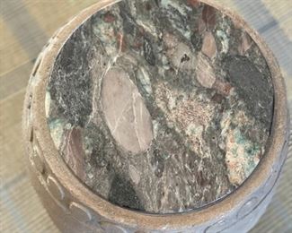 Lovell Fridstein Ltd. custom designed stone garden stool with marble top. Each measures 24" H x 18" D at center, 13" D at bottom and 14" D at the top. Photo 2 of 2.