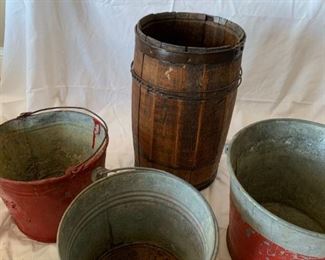 Vintage buckets, nail keg