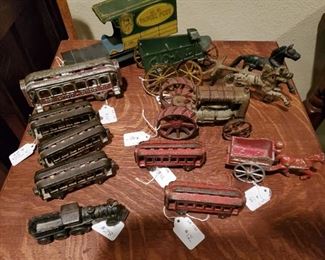 Cast iron toys, trains, tractor, horse drawn cart, tin litho Parcel Post wagon