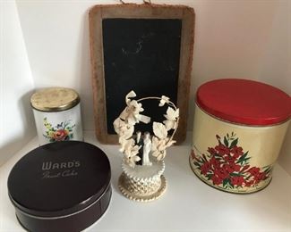 Kitchen tins, old child chalk slate