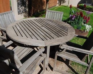 WEATHERED TEAK PATIO TABLE AND CHAIRS