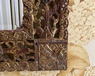 Golden Triangle Burmese Mirror: Frame is From Teak Temple Decoration. With Cinnabar Lacquer, Glass Fragments & Gold Leaf.