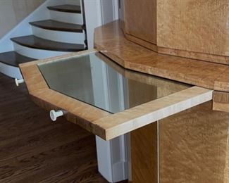 Art Deco Bar Cabinet with burl wood veneer paneling. Measures 43" W x 21" D x 66" H. Photo 2 of 7.