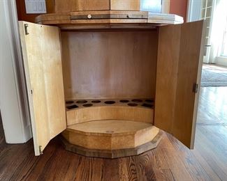 Art Deco Bar Cabinet with burl wood veneer paneling. Measures 43" W x 21" D x 66" H. Photo 3 of 7.