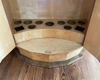 Art Deco Bar Cabinet with burl wood veneer paneling. Measures 43" W x 21" D x 66" H. Photo 4 of 7.