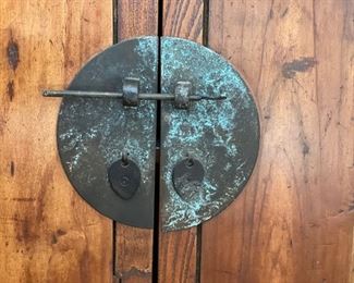 Golden Triangle Ming Style Round Post Cabinet with two drawers. Elmwood. Taiyuan, China. Circa 1820. Measures 38" W x 22" D x 74.5" H. Photo 2 of 2.