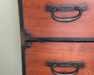 19th Century Japanese Lacquer Tansu custom fitted on metal base. Made of Kiriwood - 2 available. Each measures 37" W x 18" D x 42" H (chest without metal base is 32" H). Photo 3 of 4.